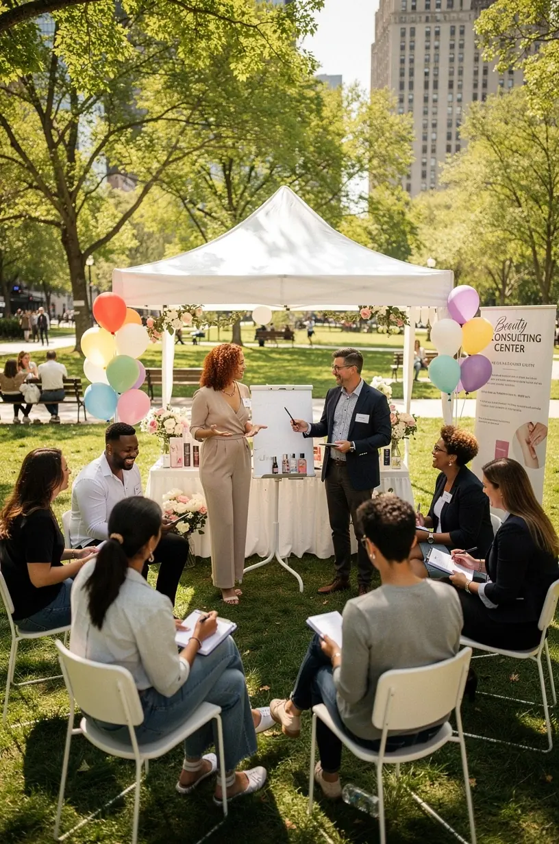 Profesjonalny konsultant omawia strategię rozwoju marki kosmetycznej podczas warsztatów stacjonarnych.