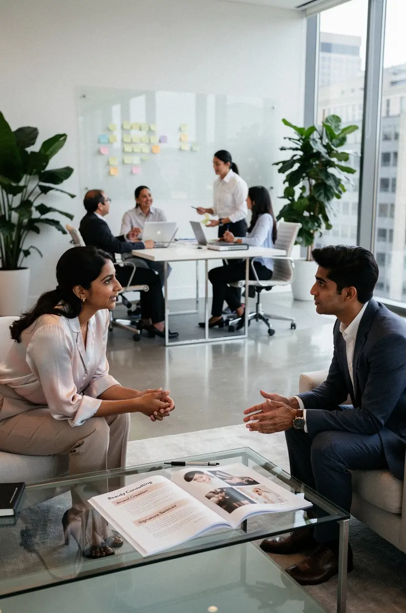 Zespół ekspertów prowadzi szkolenie praktyczne z systemów pozyskiwania klientów dla salonów piękności.